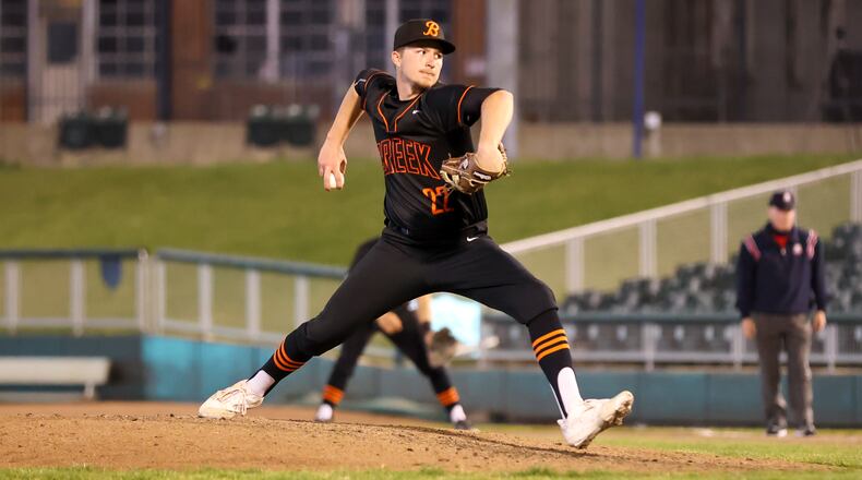 Beavercreek High School senior Charlie Schafer pitches during their game against Shawnee on Tuesday, March 31 at Day Air Ball Park in Dayton. The Beavers won 10-0 in five innings. Michael Cooper/CONTRIBUTED