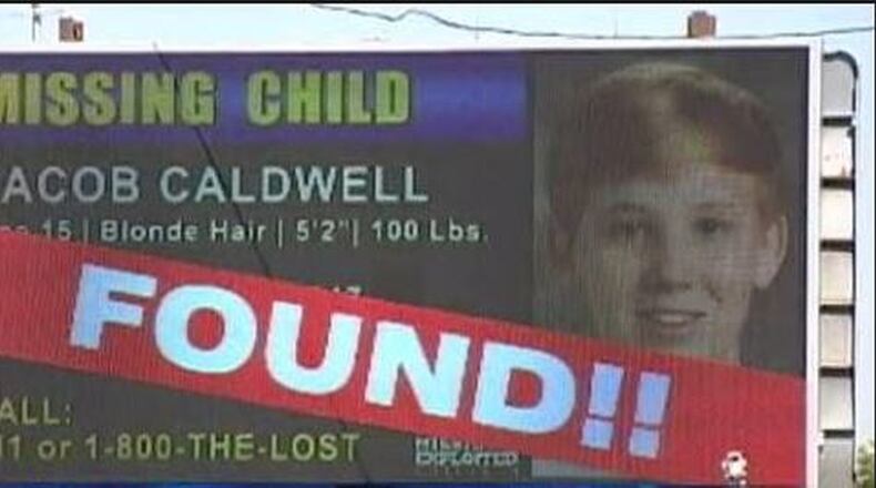 A billboard from August 2018 shows that Jacob Caldwell was found. The teen went missing not long after his father was murdered in Riverside. Three adults who lived in the Miami Twp. residence where Jacob was found - Donald Bell, Jo Anne Henderson and Zacheriah Henderson - have been charged with interference of custody, a first-degree misdemeanor.