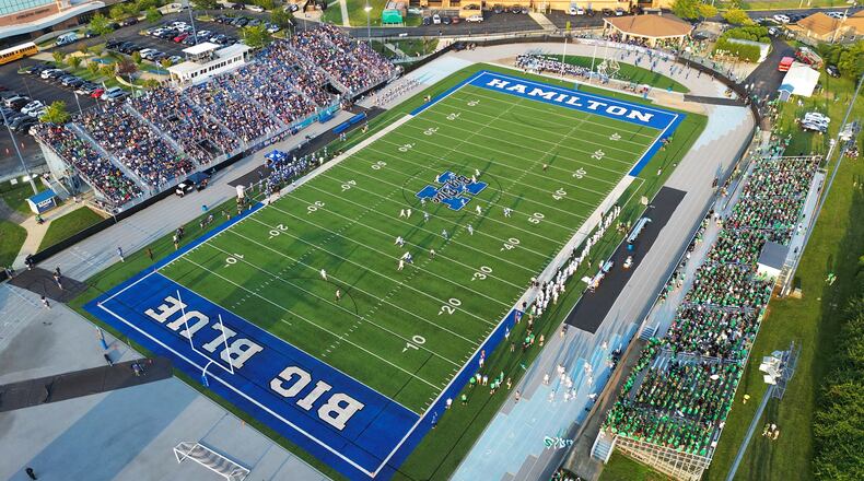 Badin and Hamilton met on the football field for the first time in 23 years at Virgil Schwarm Stadium on Aug. 18, 2023. Nick Graham/STAFF