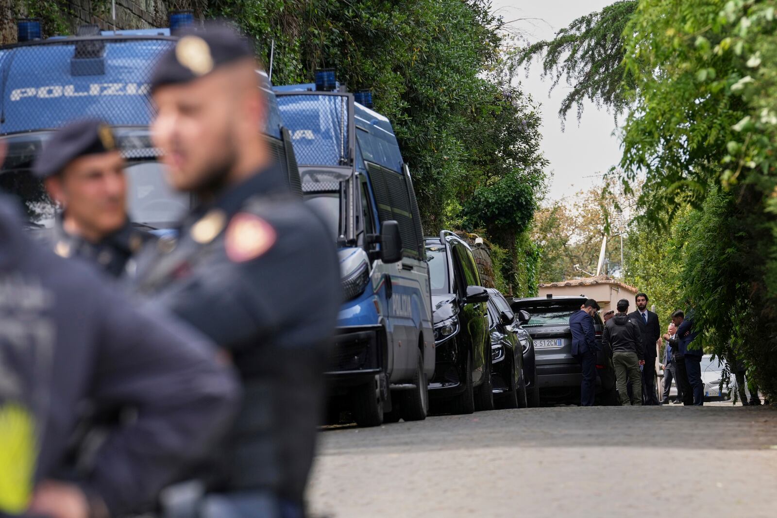 Police patrol outside the Omani Embassy in Rome during a closed-door meeting between U.S. and Iranian delegations to discuss Tehran's rapidly advancing nuclear program, Saturday, April 19, 2025. (AP Photo/Andrew Medichini)