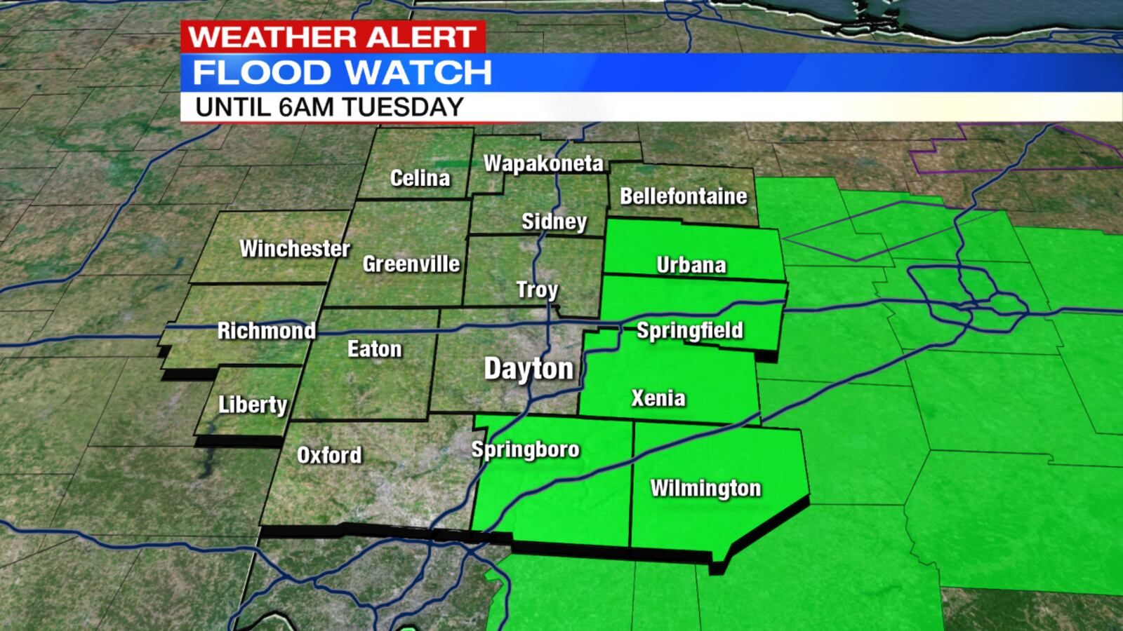 Flash Flood Watch issued for Champaign, Clark, Clinton, Greene and Warren counties until 6 a.m. Tuesday.