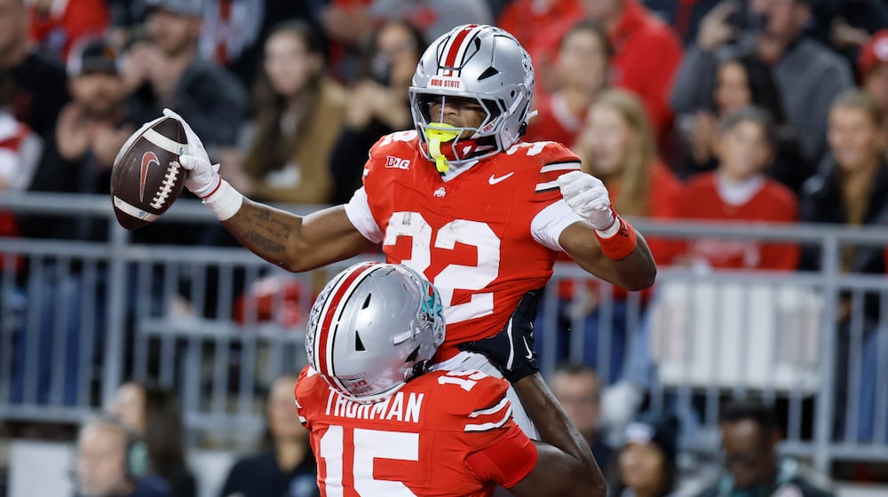 Ohio State running back Isaiah West celebrates after his touchdown against UCLA during the second half of an NCAA college football game, Saturday, Nov. 15, 2025, in Columbus, Ohio. (AP Photo/Jay LaPrete)