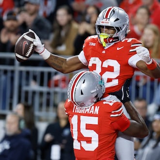 Ohio State running back Isaiah West celebrates after his touchdown against UCLA during the second half of an NCAA college football game, Saturday, Nov. 15, 2025, in Columbus, Ohio. (AP Photo/Jay LaPrete)