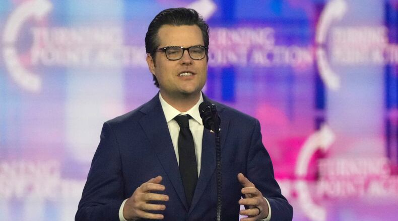 FILE - Former Rep. Matt Gaetz, R- Fla. speaks at AmericaFest, Dec. 22, 2024, in Phoenix. (AP Photo/Rick Scuteri, File)