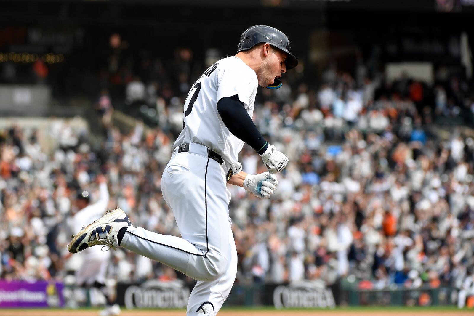 Detroit Tigers' Spencer Torkelson reacts after hitting a three-run home run off Kansas City Royals starting pitcher Seth Lugo during the fifth inning of a baseball game, Saturday, April 19, 2025, in Detroit. (AP Photo/Jose Juarez)