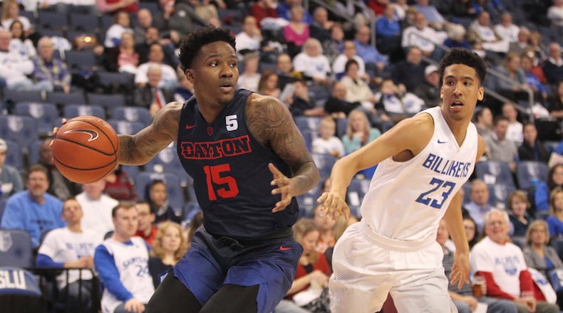 Dayton’s John Crosby runs the offense against Saint Louis on Feb. 14, 2017. David Jablonski/Staff
