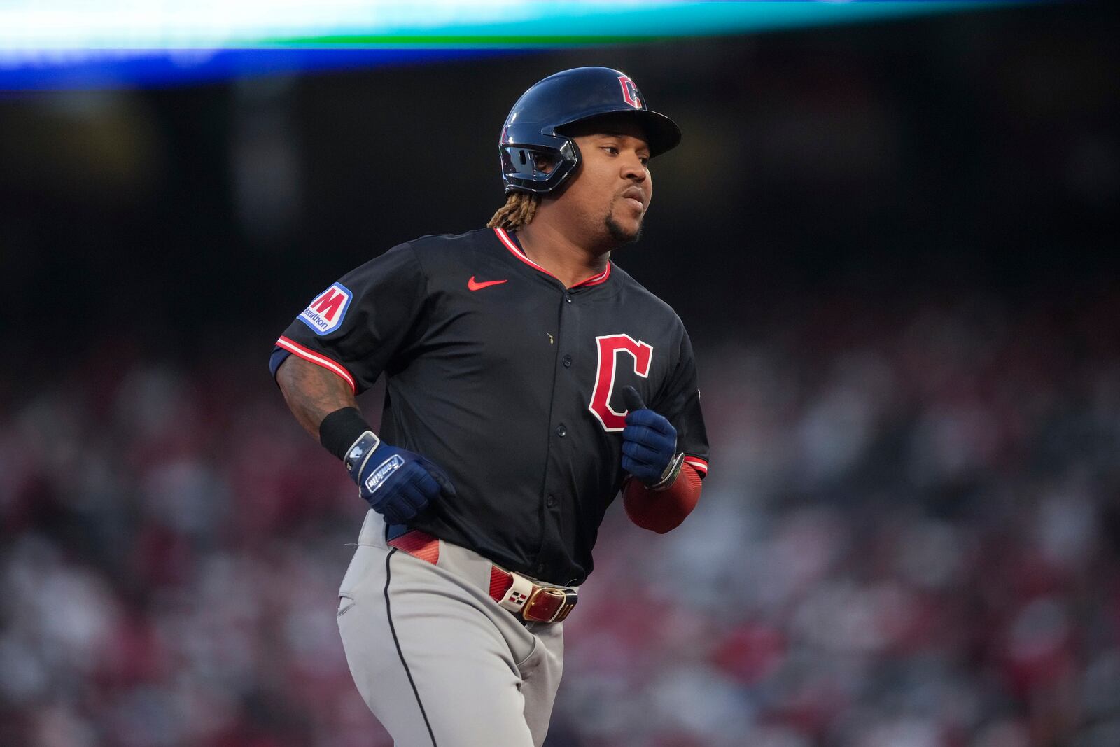 Cleveland Guardians third baseman Jose Ramirez runs the bases after hitting a home run during the first inning of a baseball game against the Los Angeles Angels in Anaheim, Calif., Friday, April 4, 2025. (AP Photo/Eric Thayer)