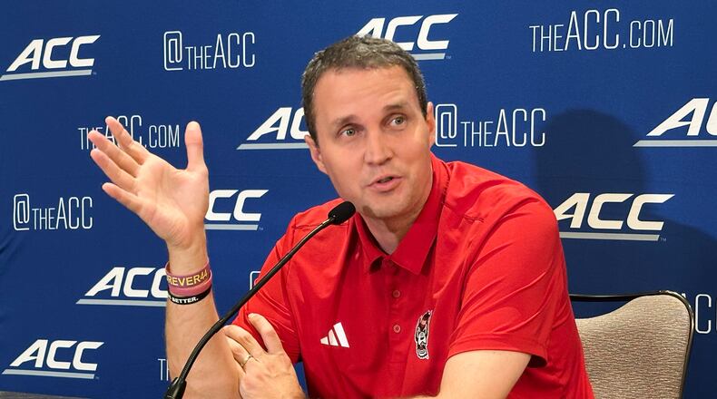 North Carolina State coach Will Wade speaks at the ACC college basketball media days, Wednesday, Oct. 8 2025, in Charlotte, N.C. (AP Photo/Aaron Beard)
