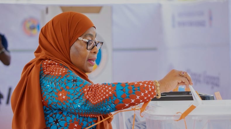 Tanzanian President Samia Suluhu Hassan casts her vote during the general elections at Chamwino polling station in Dodoma, Tanzania, Wednesday, Oct. 29, 2025. (AP Photo)
