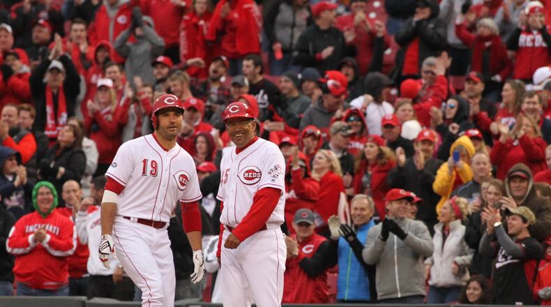 The Reds’ Joey Votto smiles after a go-ahead hit against the Phillies on Monday, April 4, 2016, at Great American Ball Park in Cincinnati. David Jablonski/Staff