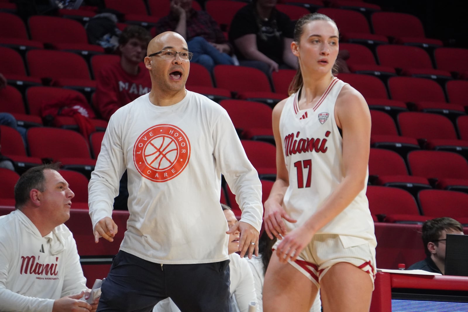 Miami coach Glenn Box directs his players during the RedHawks’ Mid-American Conference game against Eastern Michigan on Wednesday night at Millett Hall. CHRIS VOGT / CONTRIBUTED