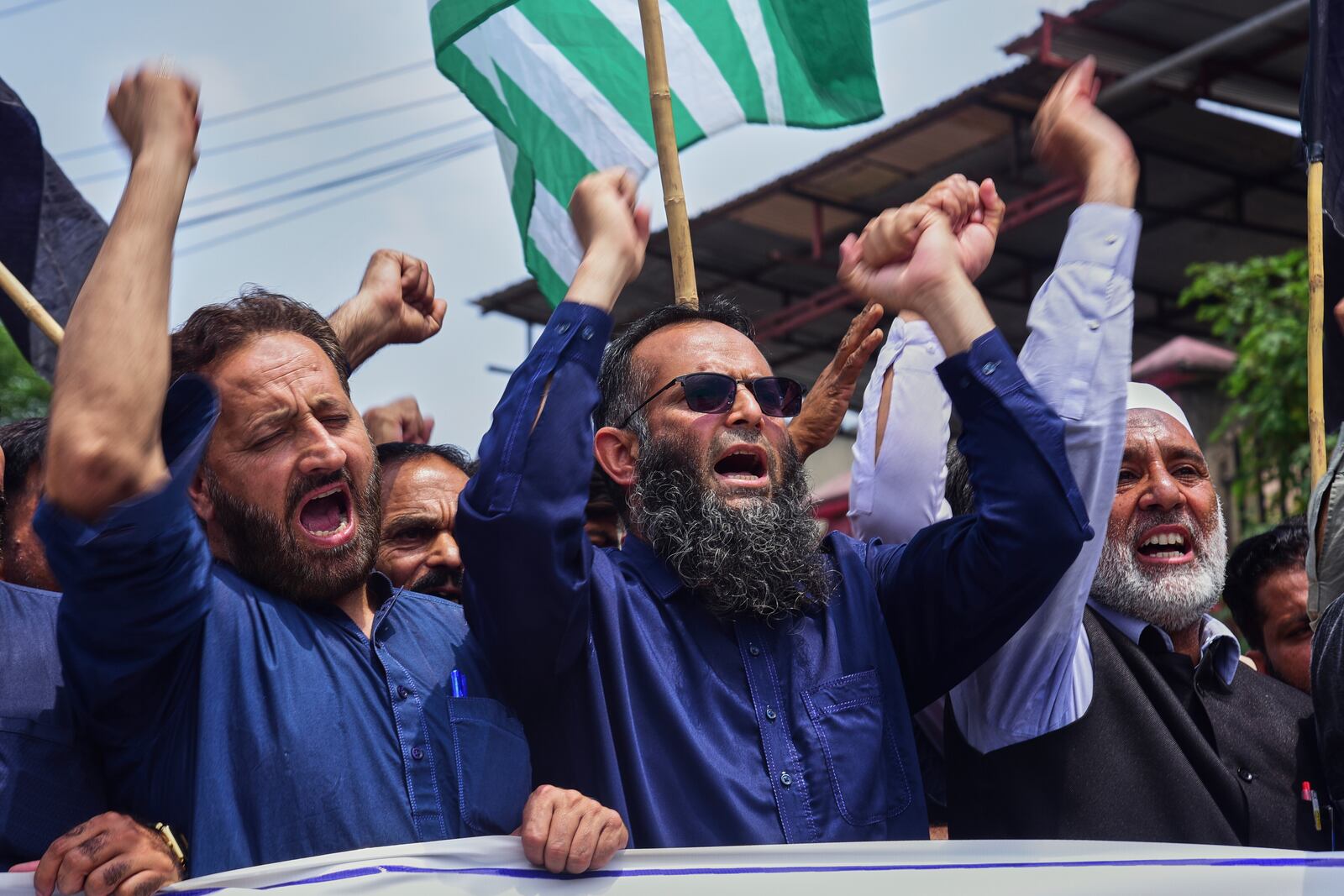 Supporters of Pasban-e-Hurriyat Jammu and Kashmir chant slogans during an anti-India demonstration, in Muzaffarabad, the capital of Pakistan administered Kashmir, Monday, May 5, 2025. (AP Photo/M.D. Mughal)