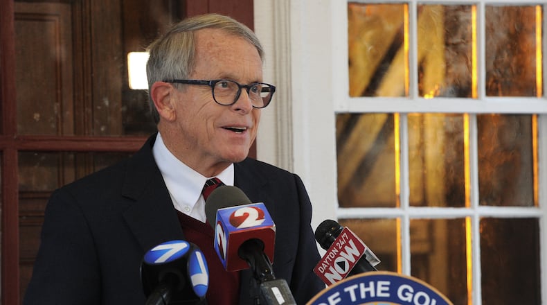 Ohio Gov. Mike DeWine gives a news conference from his home early Wednesday morning, Nov. 18, in Greene County. MARSHALL GORBY\STAFF