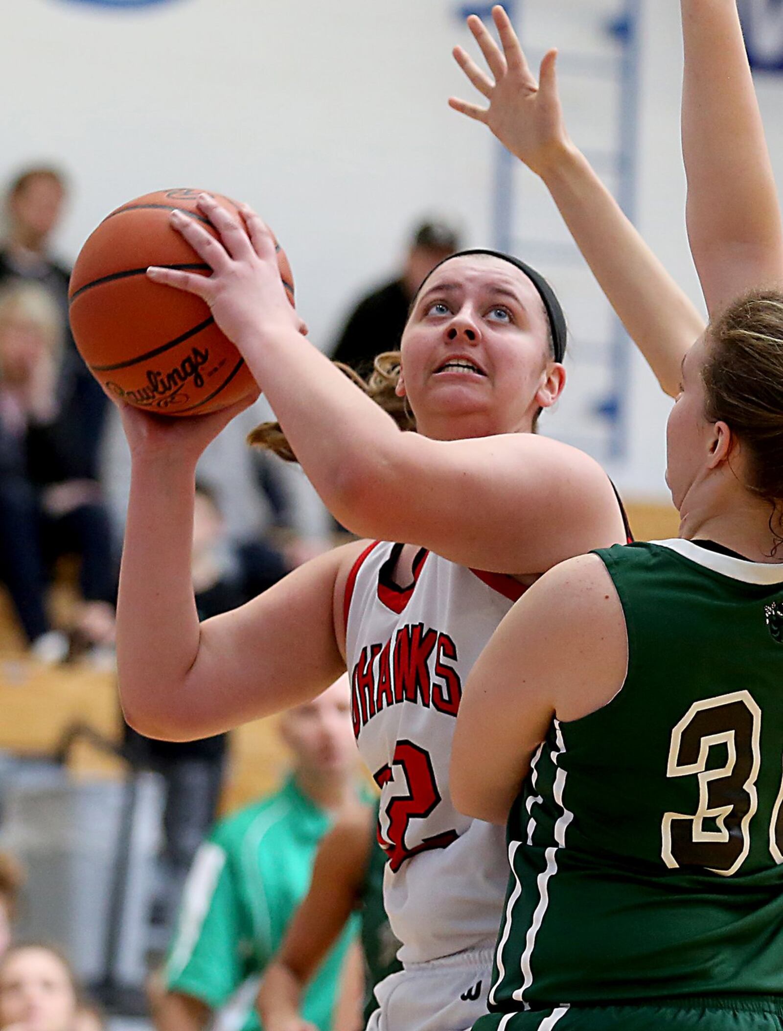 Madison forward Lauren Dietz shoots against Bethel center Becky Schwieterman during their Division III sectional game Saturday at Franklin Monroe. CONTRIBUTED PHOTO BY E.L. HUBBARD