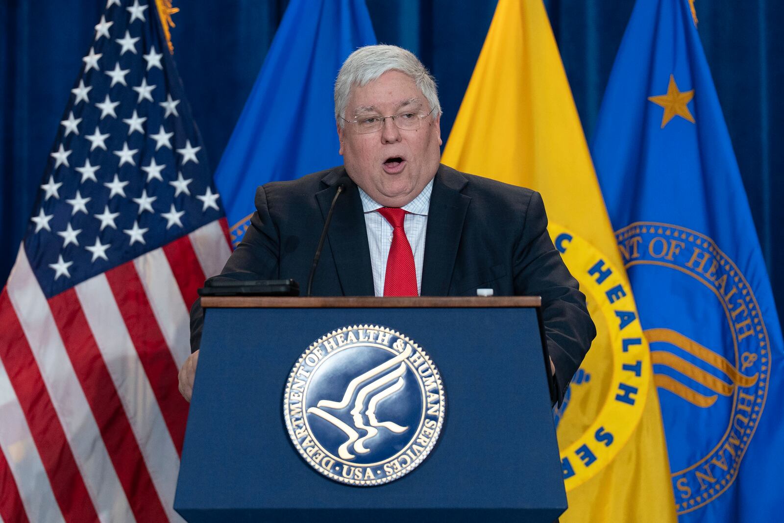 West Virginia Gov. Patrick Morrisey speaks during a news conference on the FDA's intent to phase out the use of petroleum-based synthetic dyes in the nation's food supply at the Hubert Humphrey Building Auditorium in Washington, Tuesday, April 22, 2025. (AP Photo/Jose Luis Magana)