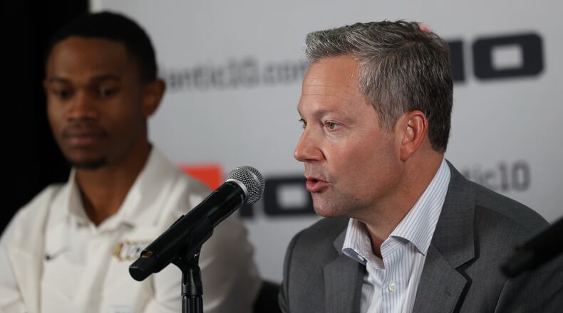 Virginia Commonwealth's Ryan Odom talks at Atlantic 10 Conference Media Day on Tuesday, Oct. 17, 2023, at the Barclays Center in Brooklyn, N.Y. David Jablonski/Staff
