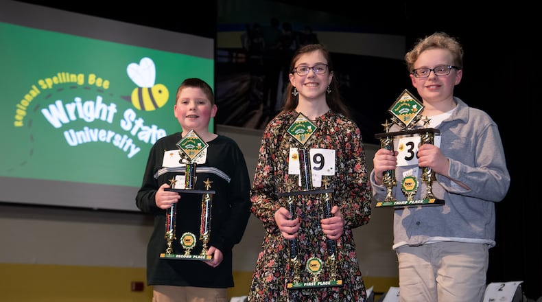 The winners of the 2024 Wright State Regional Spelling Bee included, from left: second place, William Landon, 12, of Cedarville; first place, Aurora Spisak, 13, of Centerville; and third place, Matthew Comer, 11, who attends Ridgewood School in Springfield. Courtesy of Wright State University.