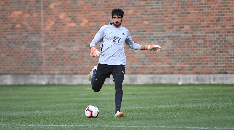 Dayton goalkeeper Federico Barrios plays against Northern Kentucky on Tuesday, Sept. 24, 2019, at Baujan Field. Photo by Erik Schelkun