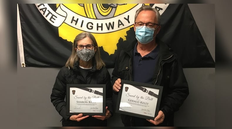 Gerald and Sharon Kelly of Waynesville were presented "Saved by the Belt" certificates Dec. 30, 2020, by the Ohio Department of Public Safety after their seat belts saved their lives in an Aug. 8, 2020, crash on state Route 73 in Warren County.