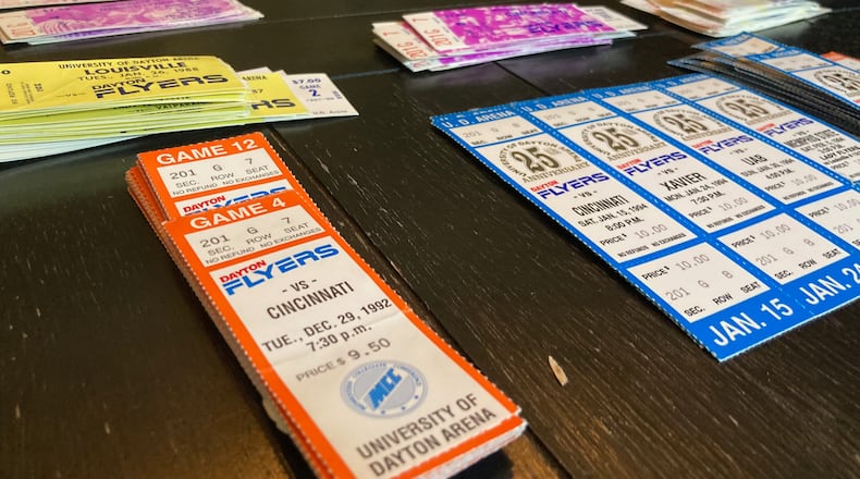 Dayton Flyers ticket stubs from collection of Jeremy Bystrek, whose dad John started the collection.