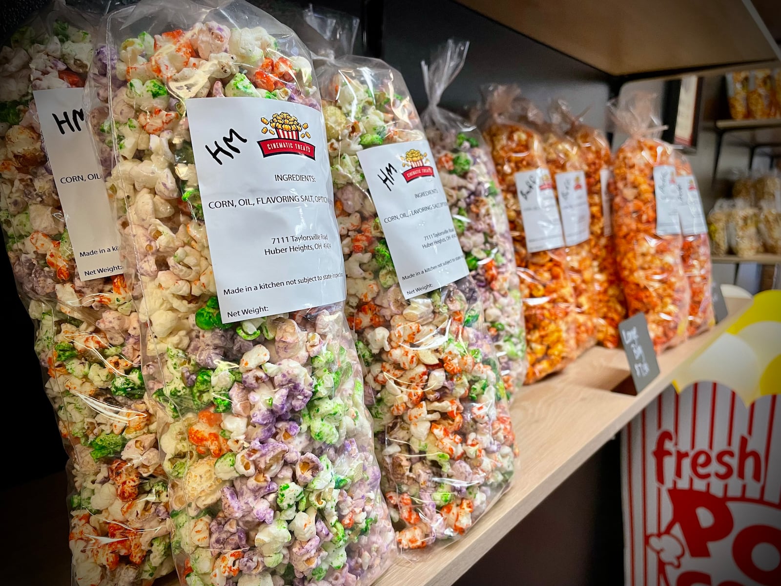Cinematic Treats, a popcorn shop featuring five to eight rotating flavors each week, is located at 7111 Taylorsville Road in Huber Heights. NATALIE JONES/STAFF
