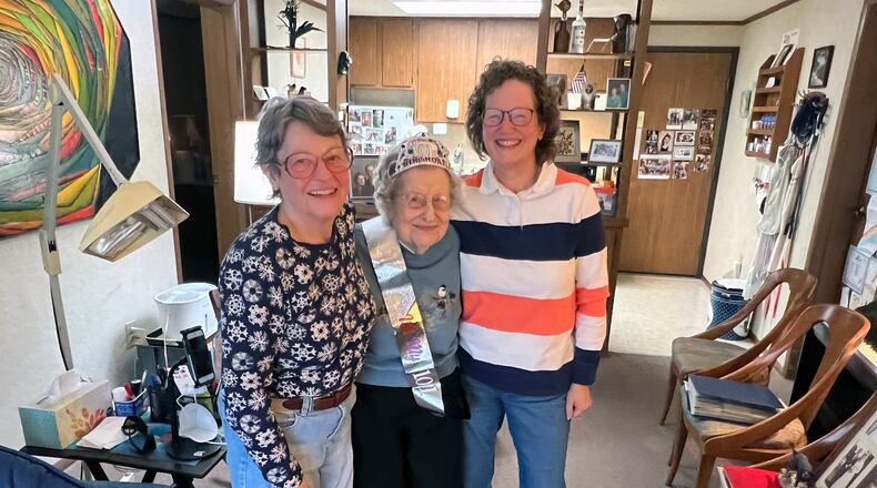 Connie Klarer turned 101 years old on February 25 of this year. She is shown on her birthday celebrating with daughters Nancy Aubel (L) and Ree Kennerley (R).She also has a son Dave of Milan, Ohio. CONTRIBUTED