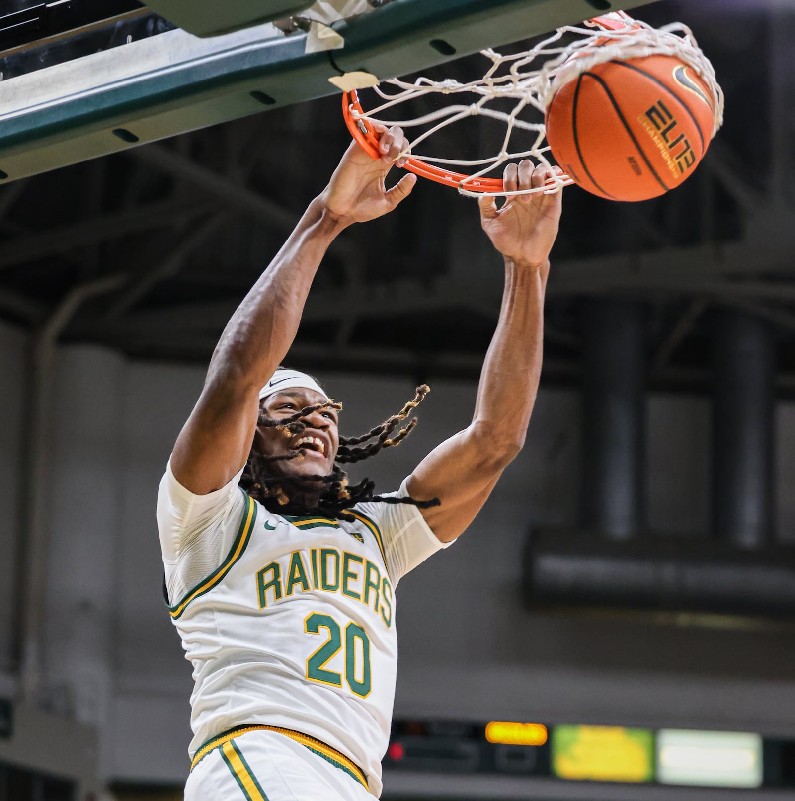 Wright State sophomore forward Andrea Holden, a Hamilton alum, dunks in the first half of a season opener against Franklin College on Monday, Nov. 3 at Ervin J. Nutter Center in Fairborn. Holden scored eight points and had six rebounds. BRYANT BILLING/STAFF