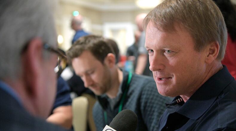 Jon Gruden speaks during the NFL owners meetings, Tuesday, March 27, 2018 in Orlando, Fla. (Phelan M. Ebenhack/AP Images for NFL)