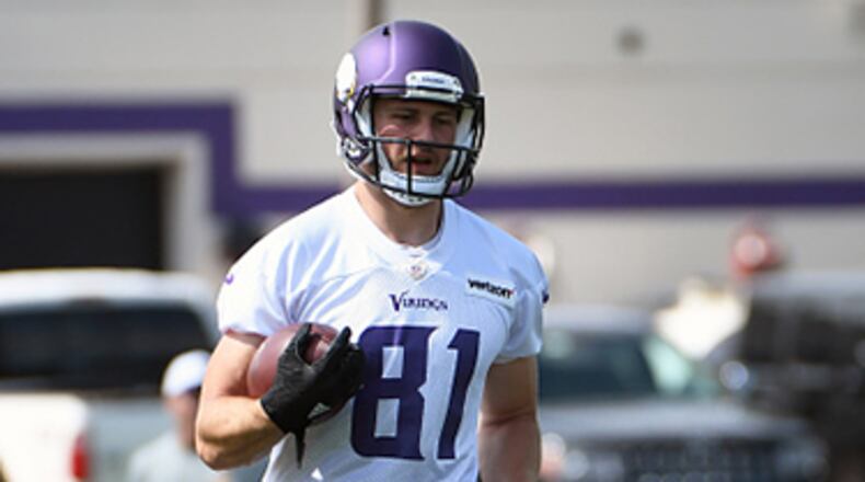 EDEN PRAIRIE, MN - JUNE 14: Minnesota Vikings wide receiver Moritz Boehringer (81) runs with the ball after the catch during Minnesota Vikings Minicamp on June 14, 2017 at Winter Park in Eden Prairie, MN. (Photo by Nick Wosika/Icon Sportswire via Getty Images)