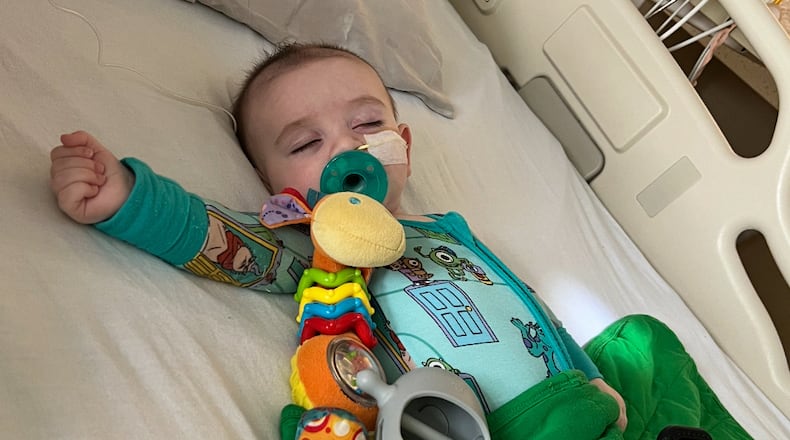 FILE - This photo provided by Amy Mazziotti shows Hank Mazziotti, 8 months, being treated for infant botulism in March 2025 in Los Angeles. (Amy Mazziotti via AP, File)