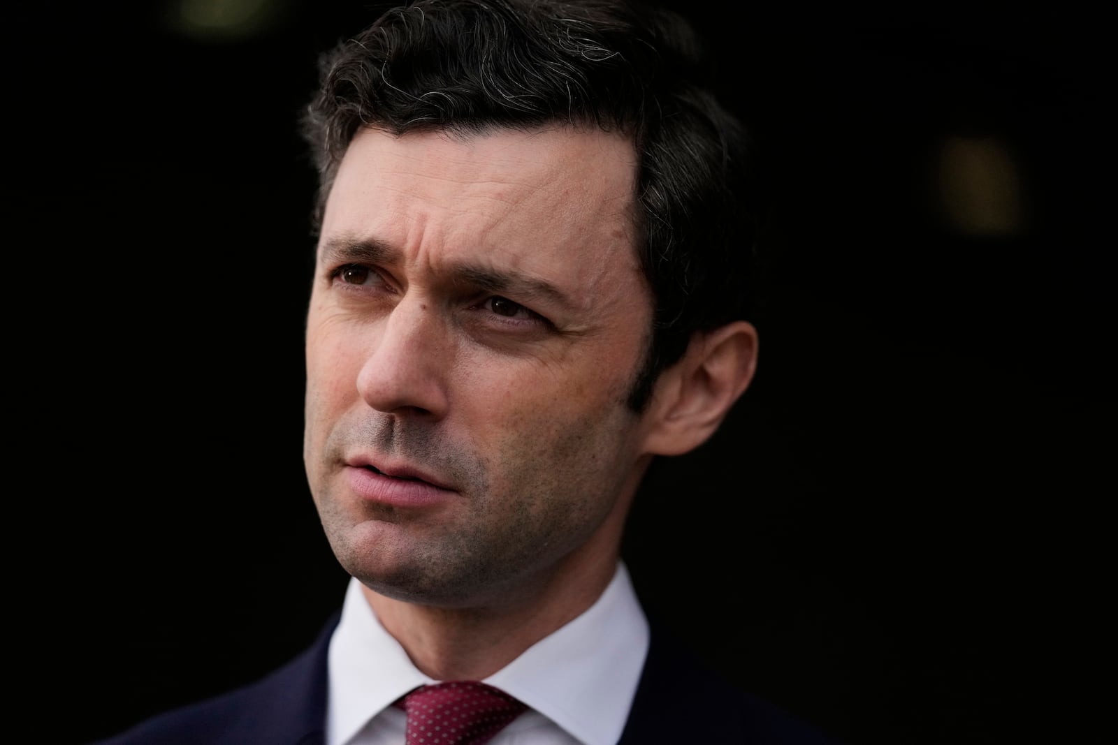 Sen. Jon Ossoff, D-Ga., speaks during an interview at Dobbins Air Reserve Base, Saturday, April 26, 2025, in Marietta, Ga. (AP Photo/Brynn Anderson)
