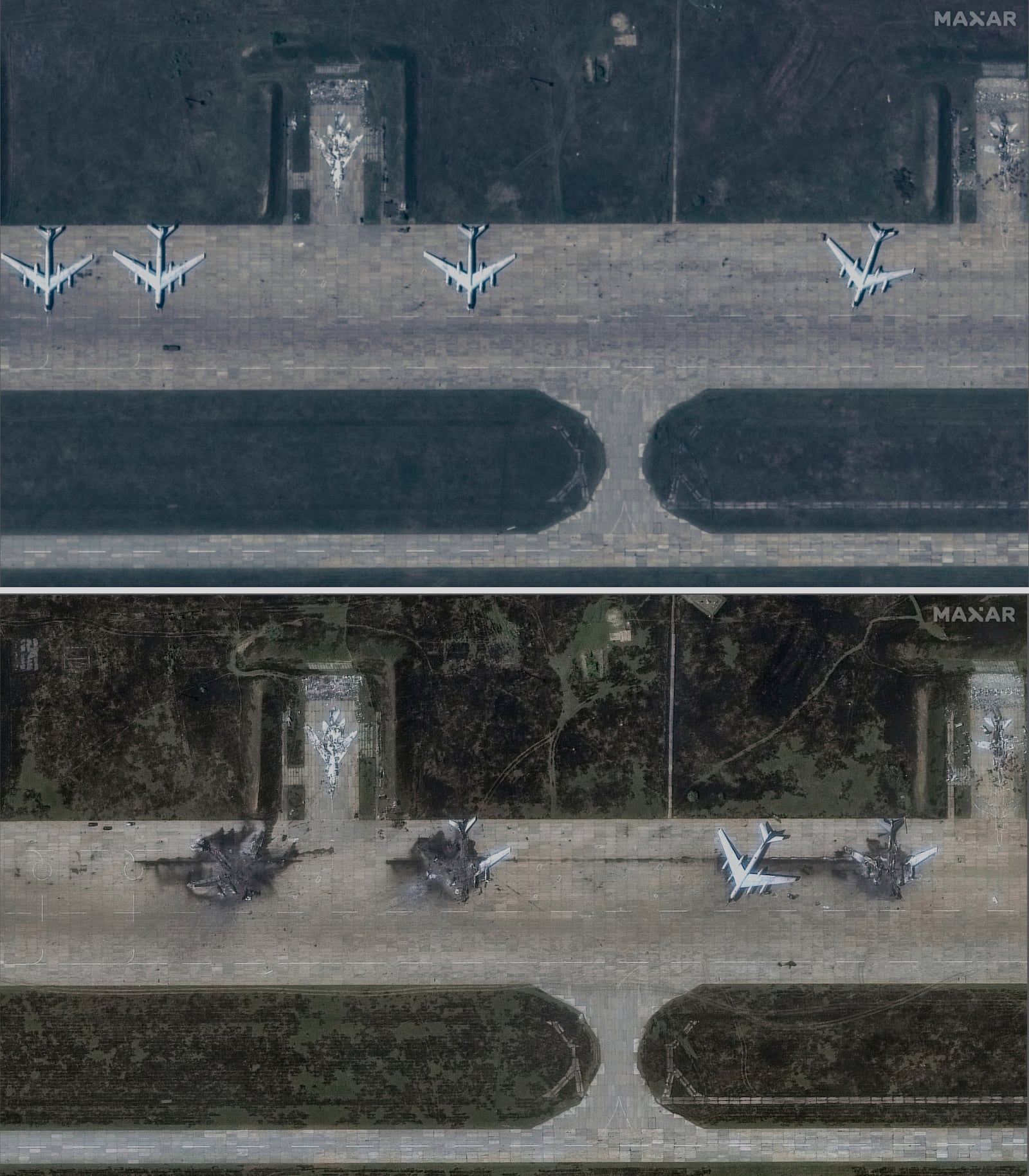 This photo combo from satellite images provided by Maxar Technologies shows from top, the Belaya Air Base before a Ukrainian drone attack in the Irkutsk region of eastern Siberia in Russia captured on May 22, 2025 and damage after a Ukrainian drone attack captured on June 4, 2025. (Maxar Technologies via AP)