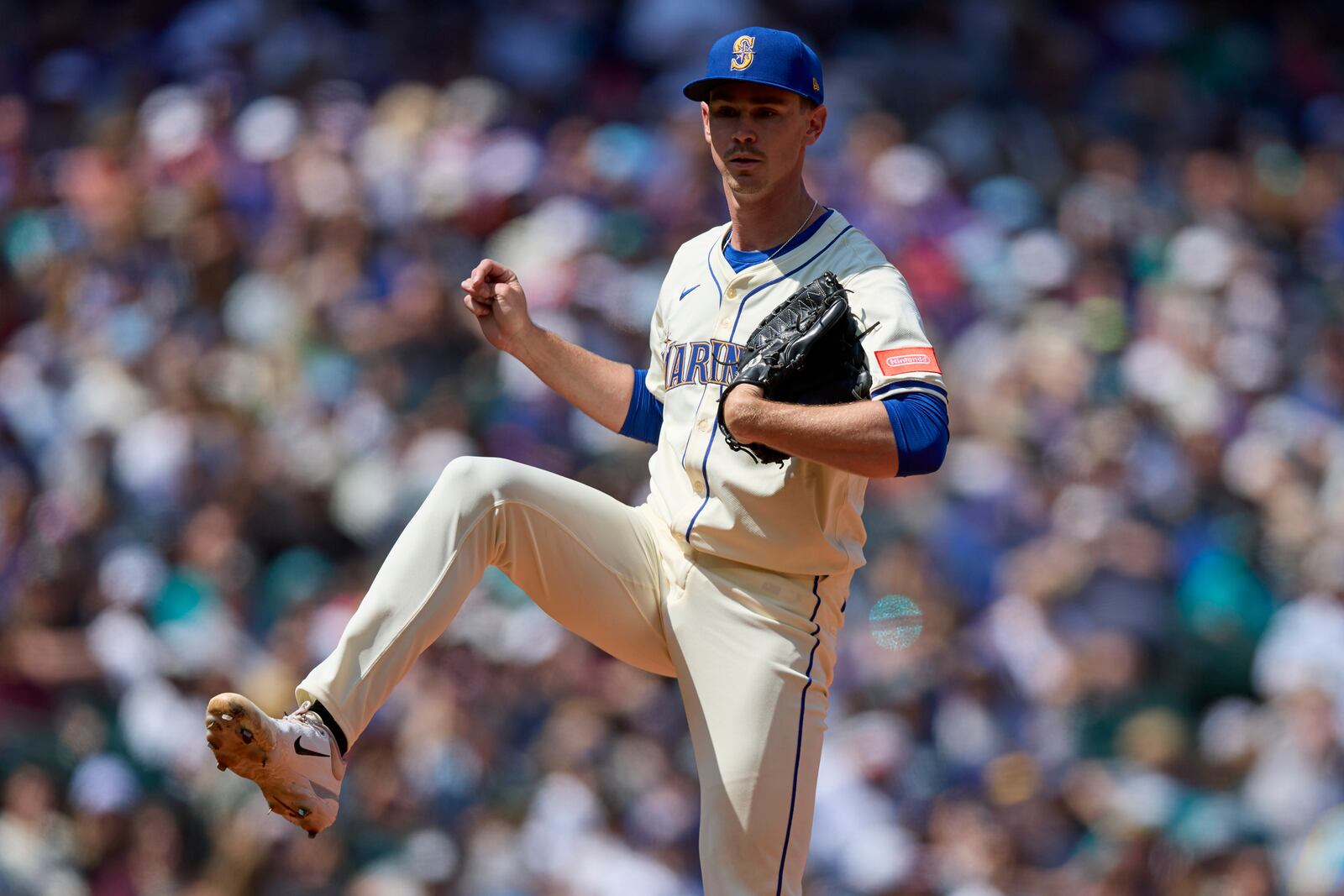 Seattle Mariners starting pitcher Emerson Hancock reacts after a striking out Cleveland Guardians' Carlos Santana in the seventh inning of a baseball game Sunday, June 15, 2025, in Seattle. (AP Photo/John Froschauer)