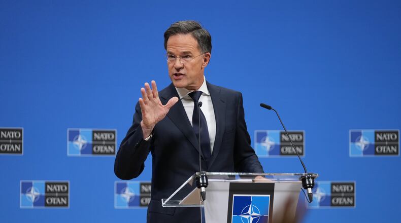 NATO Secretary General Mark Rutte speaks during a pre-ministerial media conference at NATO headquarters in Brussels, Tuesday, Dec. 2, 2025. (AP Photo/Virginia Mayo)