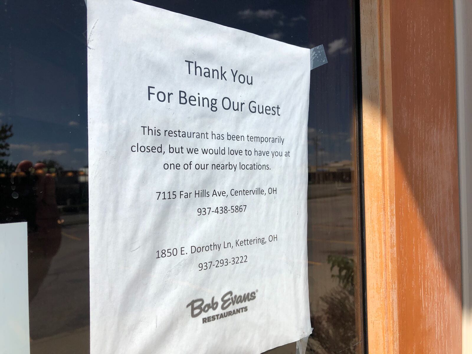 One Dayton-area Bob Evans restaurant remains closed even as 15 others have reopened. This restaurant at 5525 Wilmington Pike near the Cornerstone of  Centerville has failed to reopen, to the frustration of some of its regular customers, and the company hasn't said why. MARK FISHER/STAFF