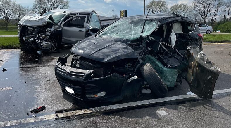 One person was killed in a two-vehicle crash Friday, April 12, 2024, on Urbana Road north of Springfield. BILL LACKEY/STAFF