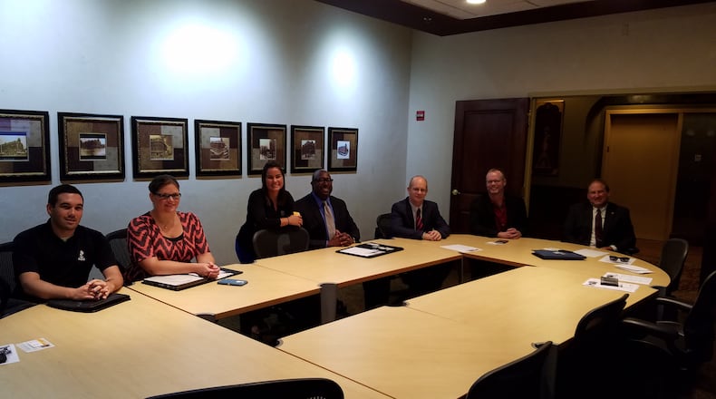Dayton Better Business Bureau leaders attend a Trust Vets kickoff networking meeting. Pictured (from left) are Brent Myers, Dayton BBB; Carrie Brunello, 11th Hour Staffing; Yolanda Oster, Dayton BBB; Donerlk Black, director, Small Business Development Center; Eric Baller, financial adviser, First Command Financial Services and a U.S. Army veteran; John North, president and CEO, Dayton BBB; and Michael Marvich, financial adviser, First Command Financial Services, U.S. Air Force Veteran.