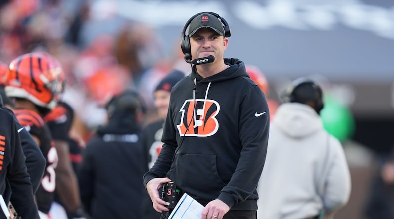 Cincinnati Bengals head coach Zac Taylor walks on the sideline during the first half of an NFL football game against the Cleveland Browns, Sunday, Jan. 4, 2026, in Cincinnati. (AP Photo/Joshua A. Bickel)