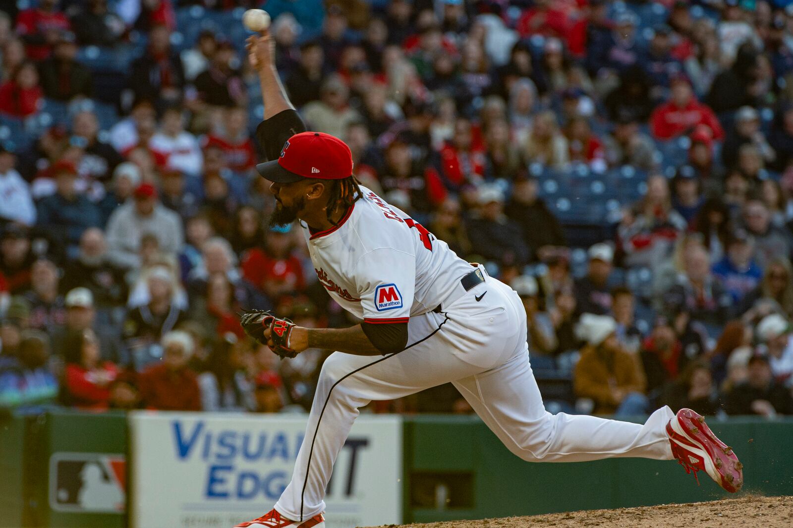 Cleveland Guardians relief pitcher Emmanuel Clase delivers against the Los Angeles Angels during the ninth inning of a baseball game, Saturday, May 31, 2025, in Cleveland. (AP Photo/Phil Long)