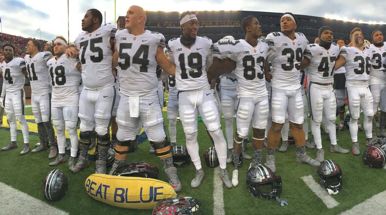 Ohio State sings “Carmen Ohio” after a victory against Michigan on Saturday, Nov. 25, 2017, at Michigan Stadium in Ann Arbor, Mich. David Jablonski/Staff