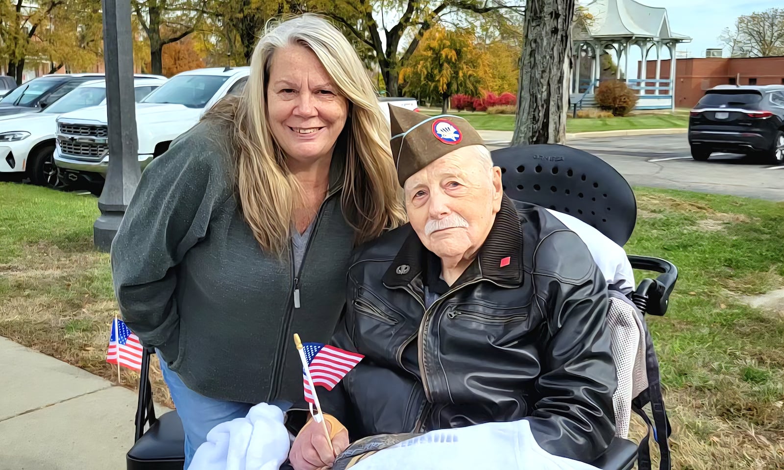 Korean War veteran Staff Sgt. Leroy Campbell of Miamisburg and daughter-in-law Marsha Campbell at the Dayton VA Veterans Day Parade, Saturday, Nov. 8, 2025. LONDON BISHOP/STAFF