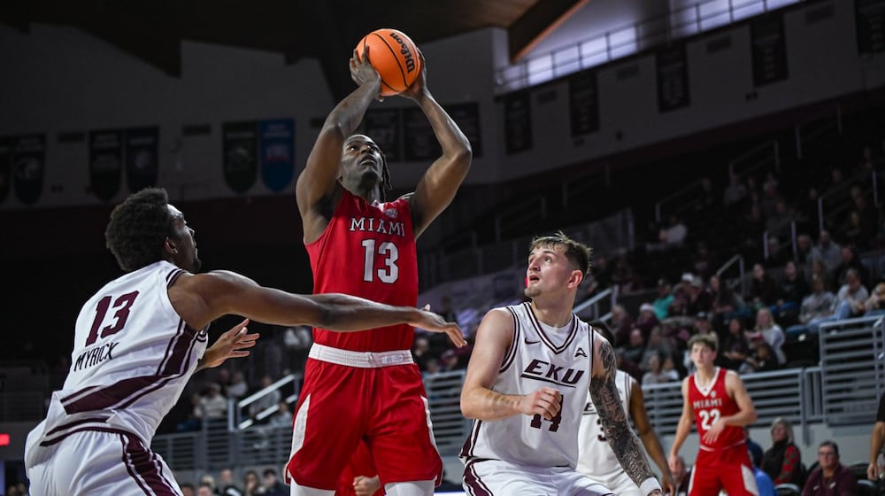 Miami’s Antwone Woolfolk puts up a shot against Eastern Kentucky on Saturday. MIAMI ATHLETICS PHOTO