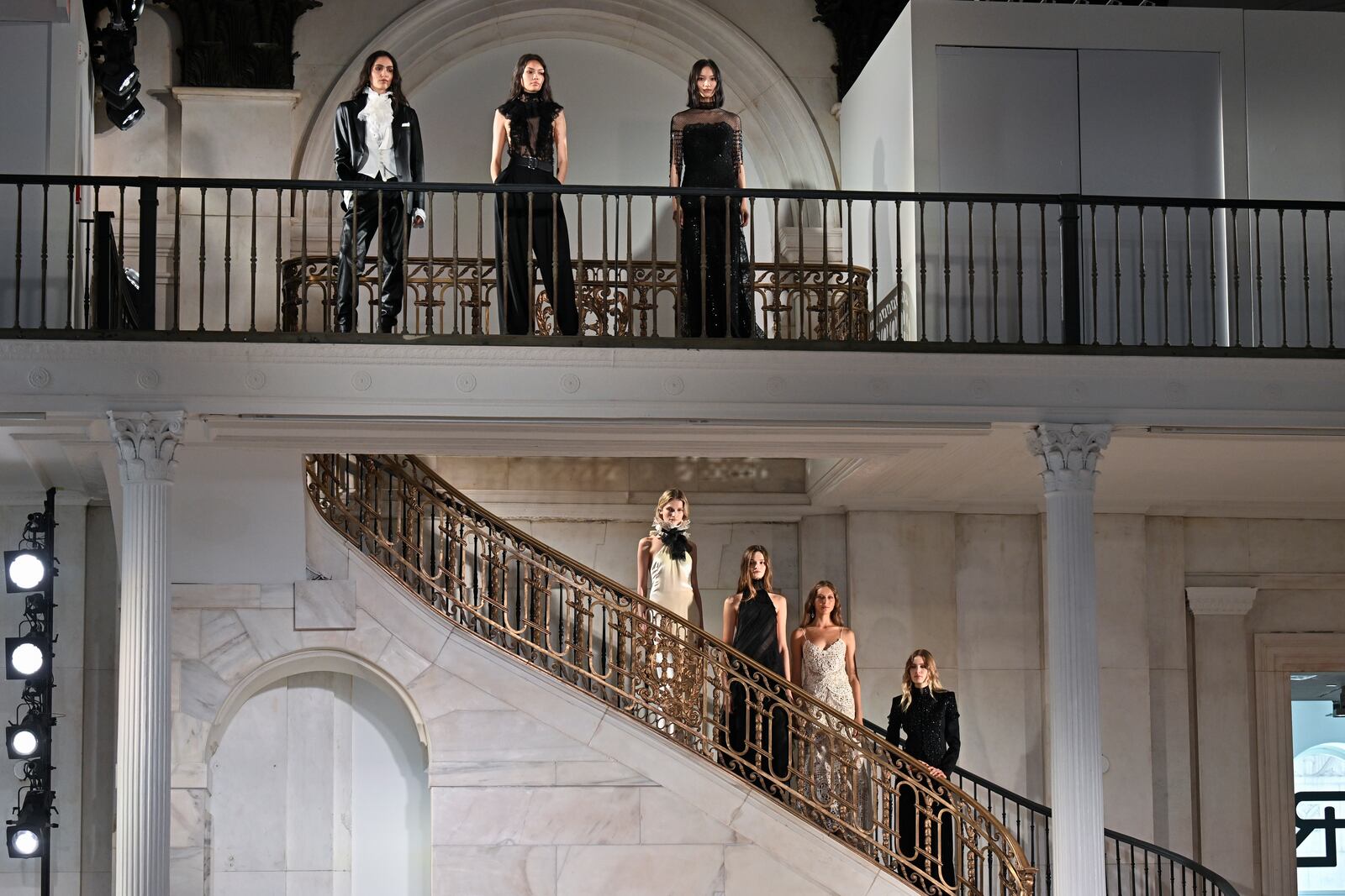 Models pose at the Ralph Lauren Fall 2025 presentation on Thursday, April 17, 2025, in New York. (Photo by Evan Agostini/Invision/AP)