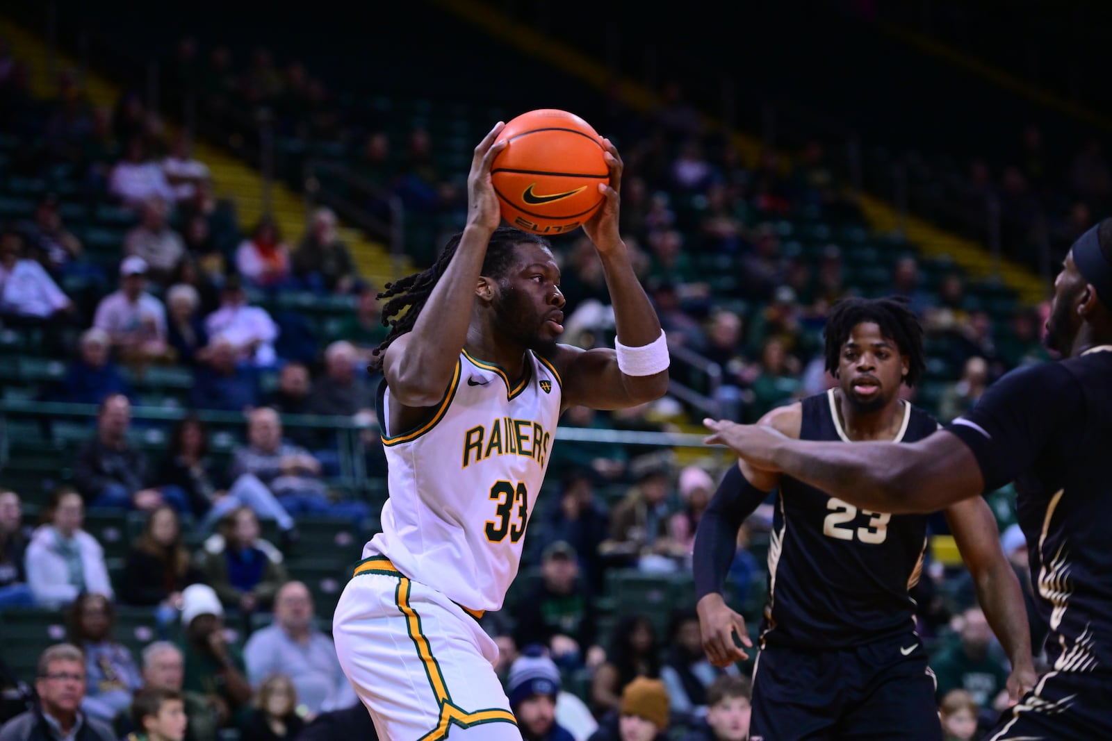 Wright State's Michael Imariagbe looks to make a pass during a game vs. Oakland earlier this season at the Nutter Center. Joe Craven/Wright State Athletics