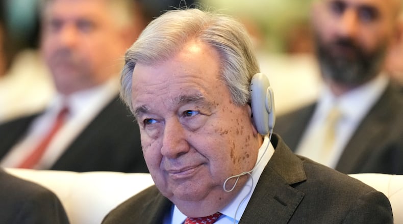 United National Secretary-General Antonio Guterres attended an event to mark the end of the U.N. political mission in Baghdad, Iraq, Saturday, Dec. 13, 2025. (AP Photo/Hadi Mizban)