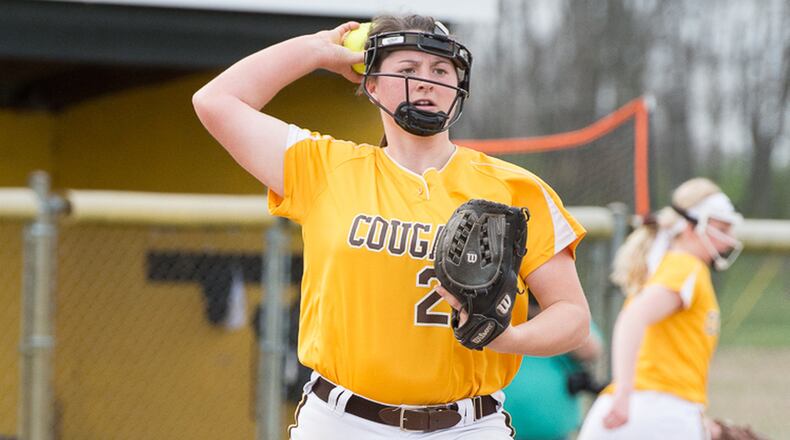 Kenton Ridge first baseman Carly Turner throws to first base during a game against Shawnee on April 10. The Cougars will face Shawnee in a sectional final on Tuesday in Urbana. BRYANT BILLING / CONTRIBUTED