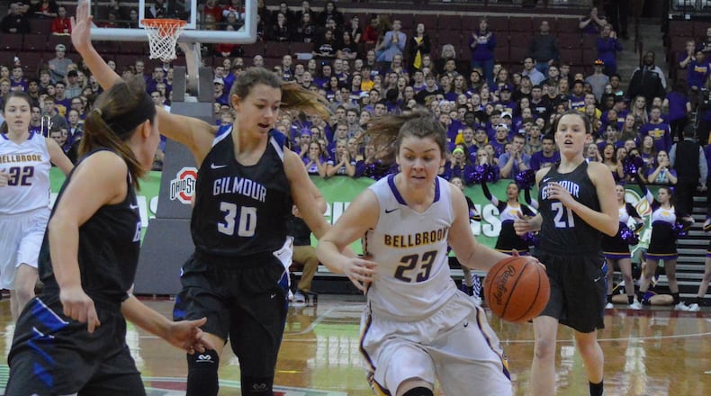 Bekah Vine of Bellbrook (with ball). Gilmour Academy defeated Bellbrook 47-40 in a girls high school basketball D-II state semifinal at OSU’s Schottenstein Center in Columbus on Friday, March 16, 2018. ERIC FRANTZ / CONTRIBUTOR