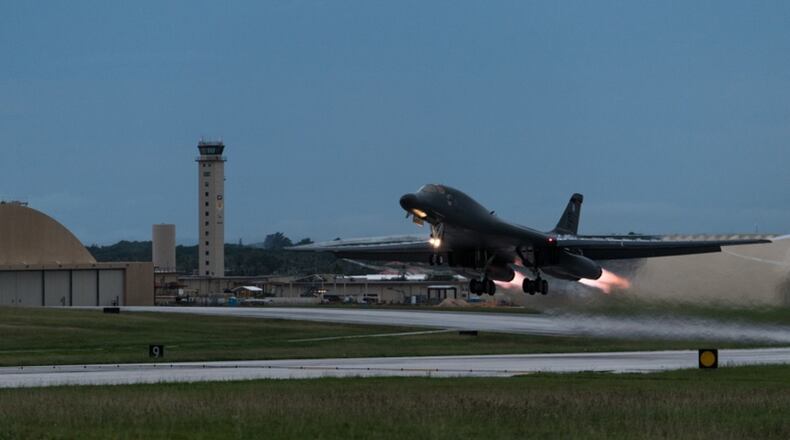 A U.S. Air Force B-1B Lancer takes-off Oct.10 headed for a night mission with South Korea and Japanese fighter jets over the Sea of Japan. U.S. AIR FORCE PHOTO