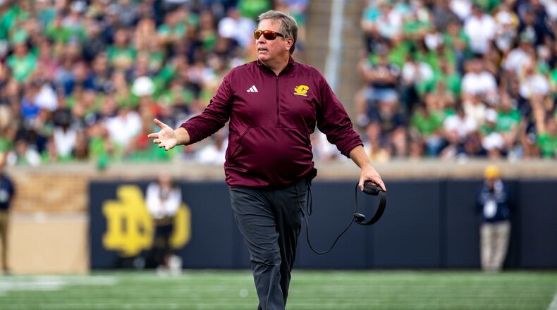 FILE - Central Michigan head coach Jim McElwain reacts during an NCAA football game against Notre Dame on Sept. 16, 2023, in South Bend, Ind. (AP Photo/Doug McSchooler, File)