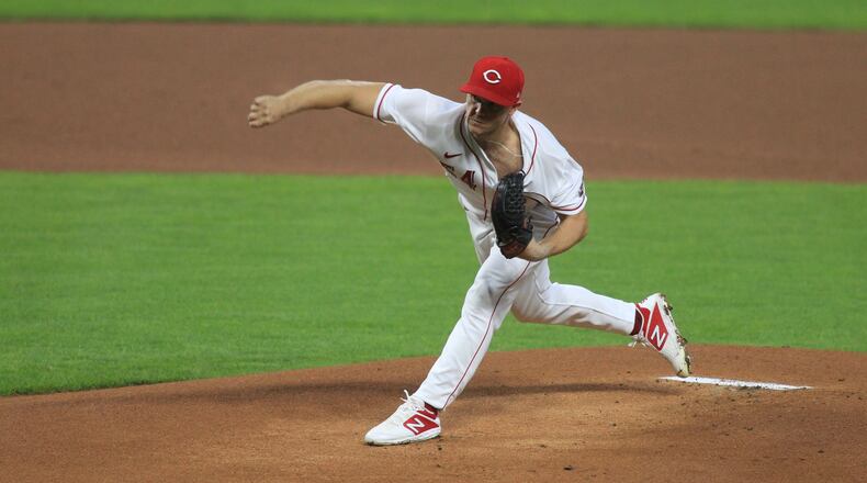 Reds starter Sonny Gray pitches against the Indians on Monday, Aug. 3, 2020, at Great American Ball Park in Cincinnati.
